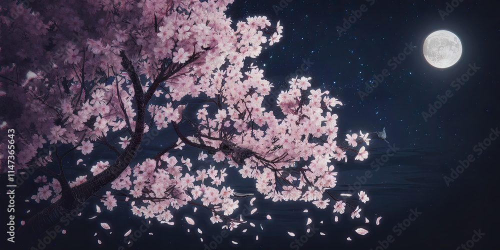Night Bloom Serene Pink Cherry Blossom Tree Under Full Moon Night Bloom Serene Pink Cherry Blossom Tree Under Full Moon