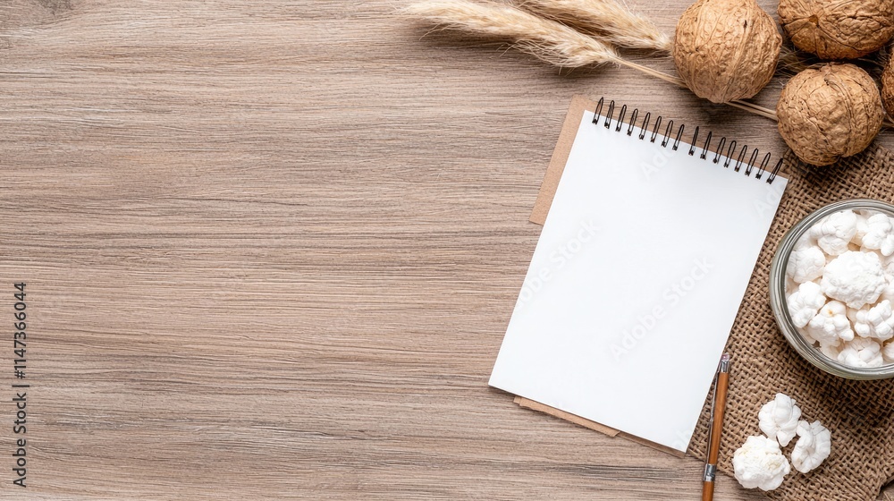 Blank notepad, walnuts, popcorn, and pampas grass on wooden table. Blank notepad, walnuts, popcorn, and pampas grass on wooden table.