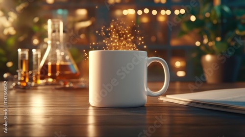 White Mug Mockup in a Scientific Physics Lab. Generative AI photo