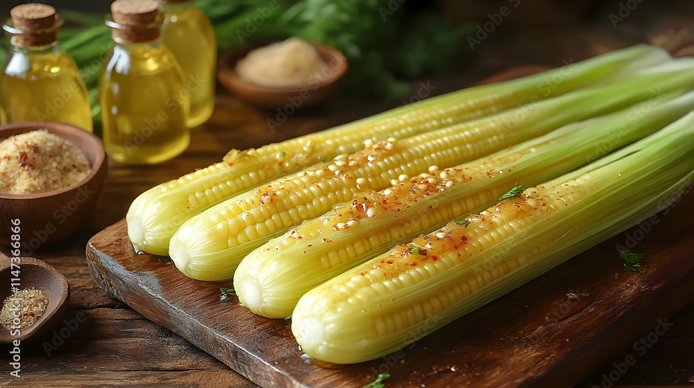 Corn Gets Dressed with Oil, Spices, and Herbs on Wooden Board Corn Gets Dressed with Oil, Spices, and Herbs on Wooden Board