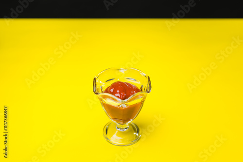 A glass container of ketchup on a yellow and black background