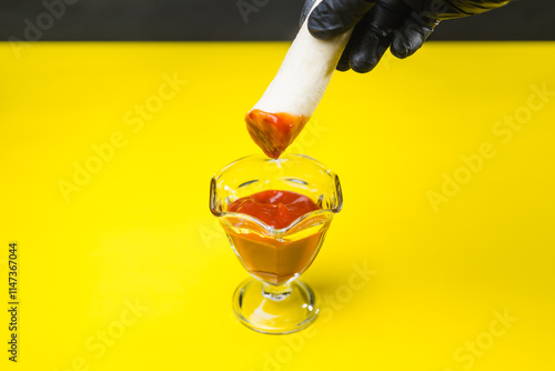 hand in a black latex glove dipping a piece of banana into a glass of ketchup