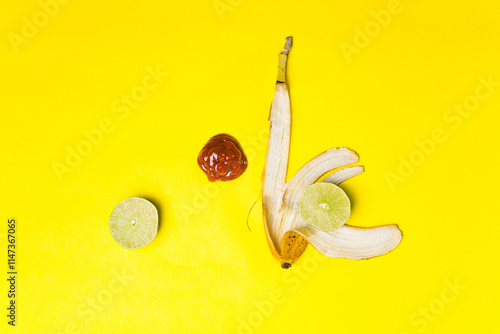 Ketchup, halved lime, and banana peel on a yellow backdrop