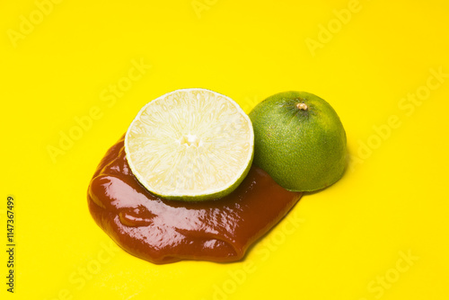 Fresh lime cut open dipped in a pile of ketchup on a yellow background photo