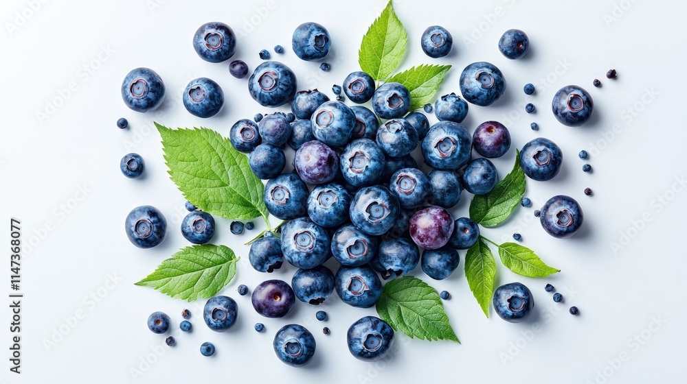 Fresh blueberries with green leaves scattered on white background. Fresh blueberries with green leaves scattered on white background.