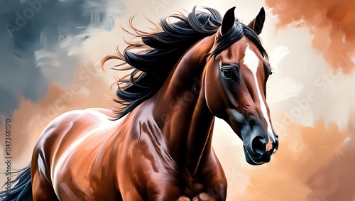Capture the timeless beauty and strength of horses with this exquisite oil painting portrait. This piece showcases a majestic horse with detailed brushstrokes, highlighting the sheen of its coat.