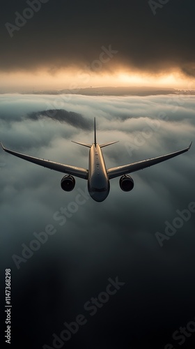 An airplane flying above the clouds at sunrise, capturing a serene and dramatic sky view.