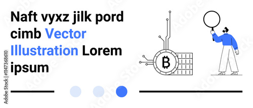 Bitcoin inside circuitry, text blocks with mixed fonts, person in blue outfit holding balloon. Ideal for fintech, blockchain explanation, tech blogs, educational content, digital wallets, financial