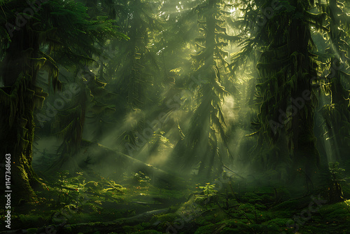 Mystical Rainforest Sunrise Beams of Light Through Foggy Emerald Forest