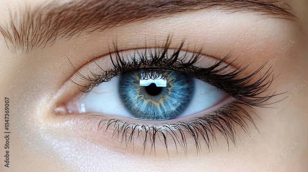 Obraz premium Close-up view of a detailed blue eye reflecting a vibrant world around it