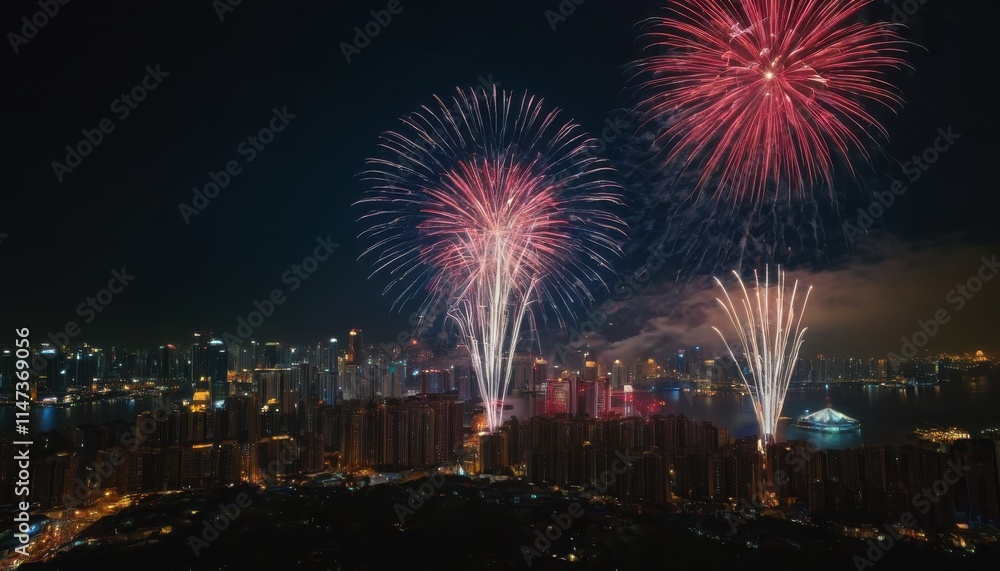 Vibrant Fireworks Light Up City Skyline at Night Vibrant Fireworks Light Up City Skyline at Night