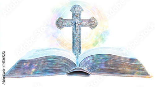 An open book with shimmering silver edges and an intricately carved stone cross behind it, bathed in warm sunlight. A faint, multicolor circular halo encircles the cross
