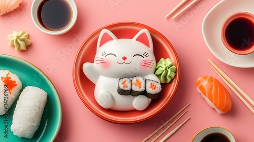 Adorable Sushi-Themed Lucky Cat Figurine with Japanese Cuisine Setup