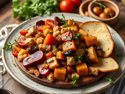 there is a plate of food with bread and vegetables on it. photo