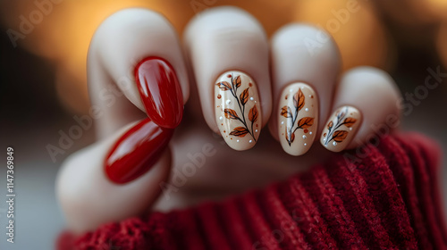 Autumn Nail Art Design with Red and Leaves Decorations Beautifully photo