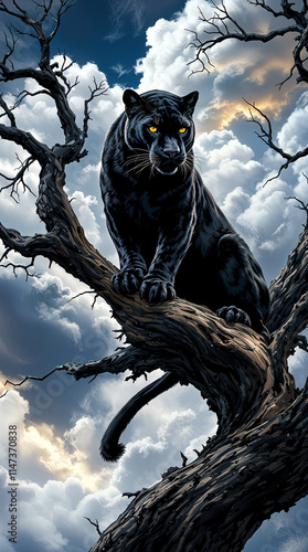 illustration of a majestic black panther, perched on a gnarled tree branch. The panther's fur is vividly detailed, and its piercing amber eyes gaze intently ahead. 