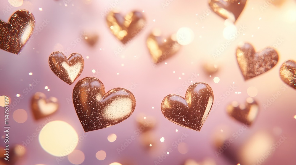 Sparkling Golden Hearts Floating with a Dreamy Background Sparkling Golden Hearts Floating with a Dreamy Background
