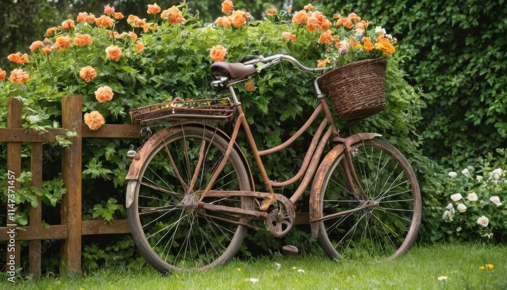 old rusty bicycle with a flower basket on the front and lush gardens surrounding it. old rusty bicycle with a flower basket on the front and lush gardens surrounding it.