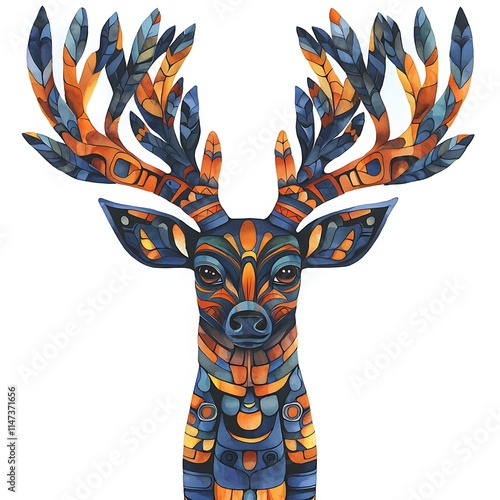 Stylized Deer Portrait with Ornate Antlers in Vibrant Blue and Orange Hues. photo