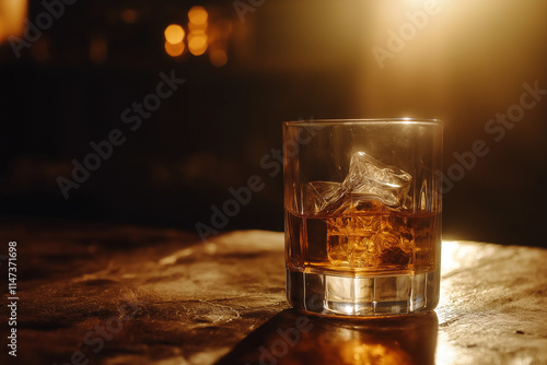 A whiskey glass with ice and a Cuban cigar on a wooden table on dark background photo