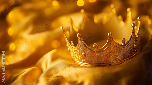 Golden crown on silk fabric background photo