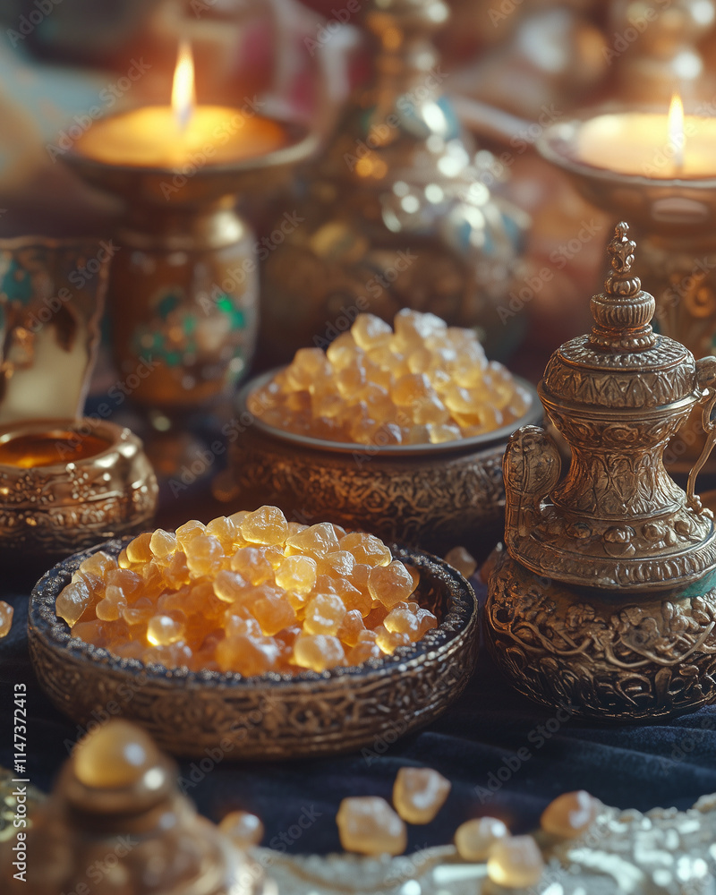 Decorative amber resin in ornate bowls and candles Decorative amber resin in ornate bowls and candles