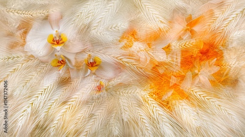 double exposure image of an orchid flower blending into a crop of economic plants like wheat or corn, symbolizing the connection between floral diversity and agricultural production. [Orchid]:[Economi photo