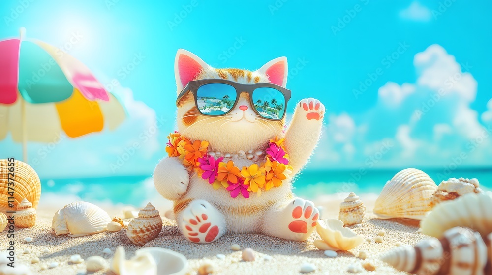 Fototapeta premium Tropical Lucky Cat Figurine with Sunglasses and Lei on a Sunny Beach
