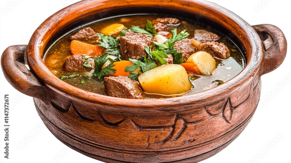 Hearty beef stew served in rustic bowl with fresh vegetables and herbs. Hearty beef stew served in rustic bowl with fresh vegetables and herbs.