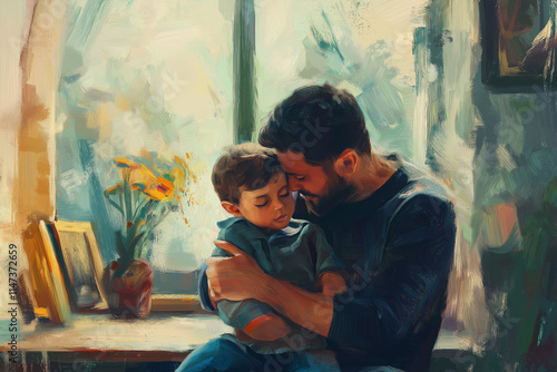 Father hug son painting photo