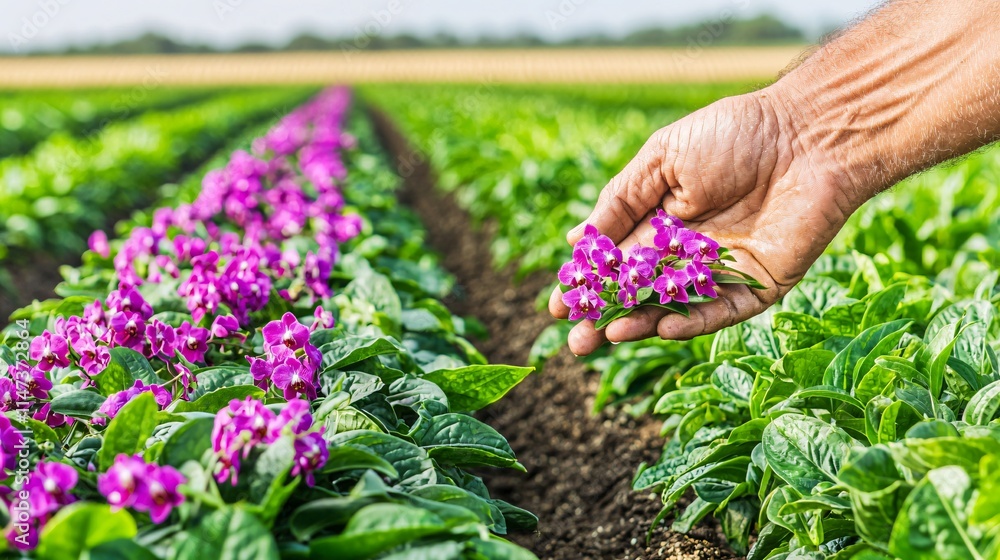 farmer’s hand gently holding an orchid flower, with a field of cash crops like cotton or sugarcane in the background, showcasing the balance between ornamental plants and commercial agriculture. 