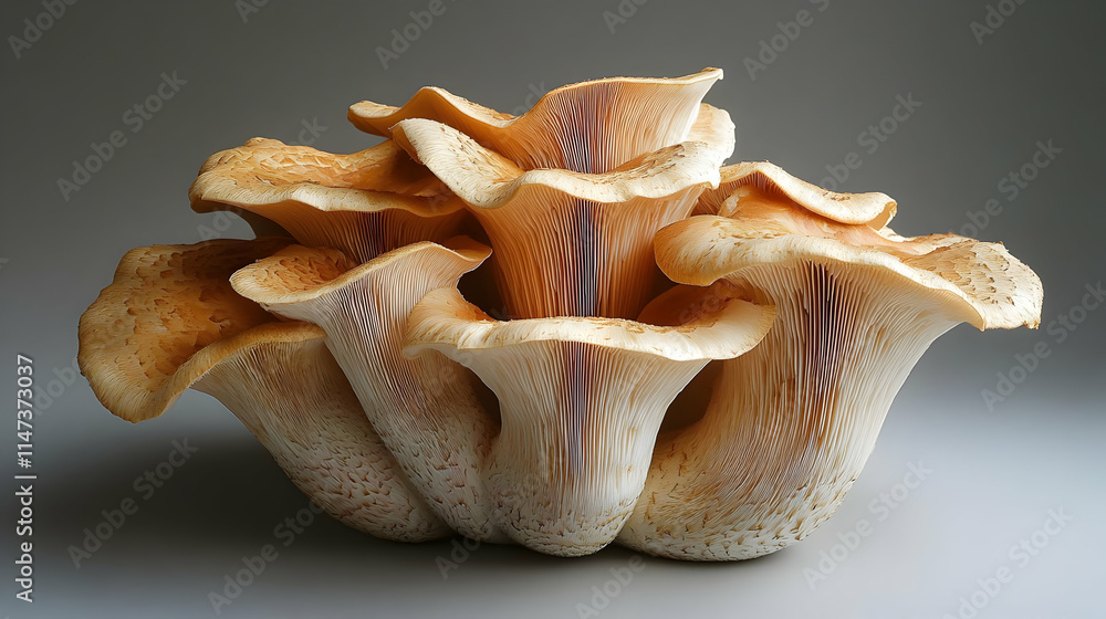 Mushrooms Grow Beautifully on Gray Background Smoothly and Elegantly Mushrooms Grow Beautifully on Gray Background Smoothly and Elegantly