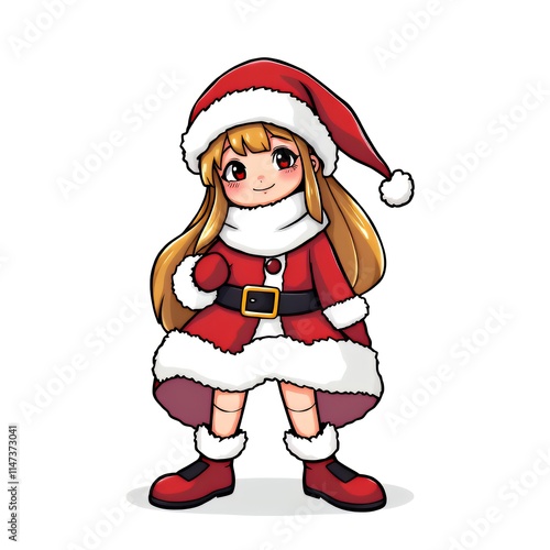 cartoon girl in santa outfit with red and white outfit.