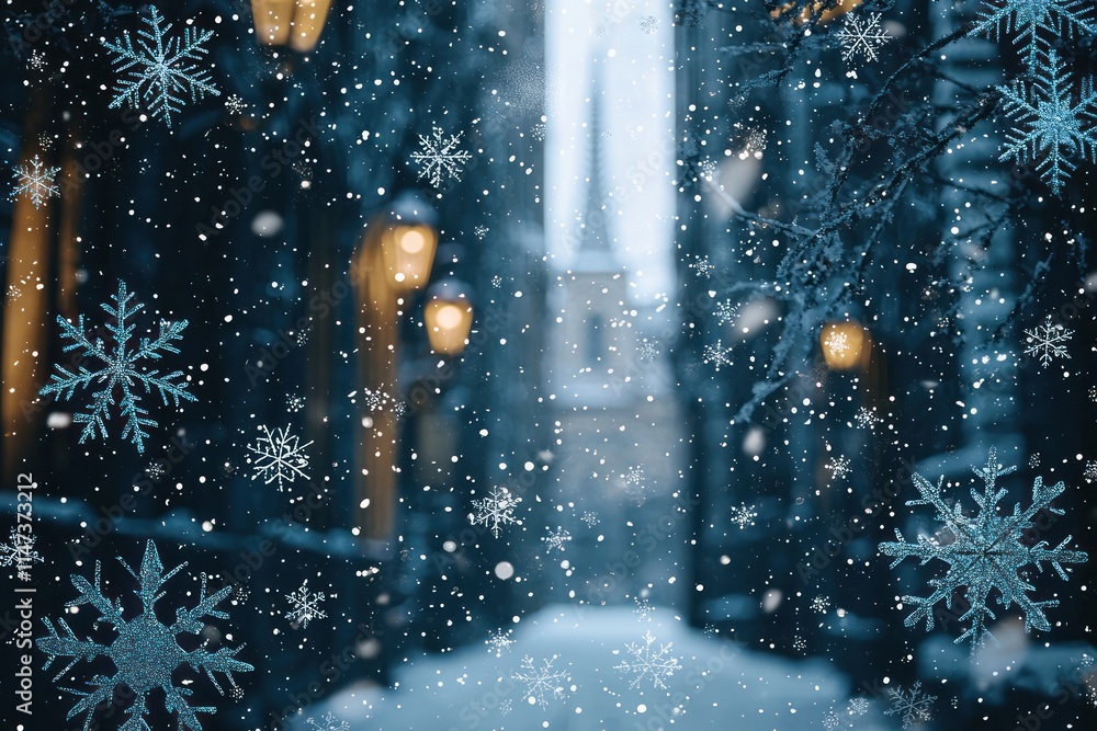 Enchanting Winter Scene with Ethereal Snowflakes, Warm Lanterns, and Dreamy Holiday Atmosphere, Perfect for Christmas and Fantasy-themed Designs Enchanting Winter Scene with Ethereal Snowflakes, Warm Lanterns, and Dreamy Holiday Atmosphere, Perfect for Christmas and Fantasy-themed Designs