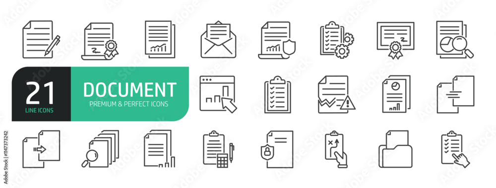 Document line icon set. The set contains icons as Paper, Pen, Document, Page, Sheet, Copy, Report, Document Approved, Checklist, Archive, Document Searching and more. Document line icon set. The set contains icons as Paper, Pen, Document, Page, Sheet, Copy, Report, Document Approved, Checklist, Archive, Document Searching and more.