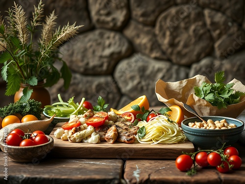 there is a wooden cutting board with a variety of food on it. photo