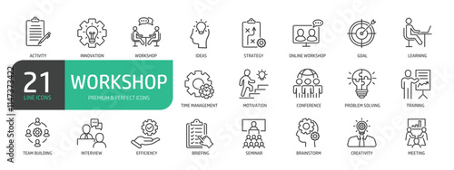 Workshop line icon set.  The set contains icons as   Seminar, Business Convention, Business Conference, Vendors, Business People, Audience, Attendees, Presenter, and more.
