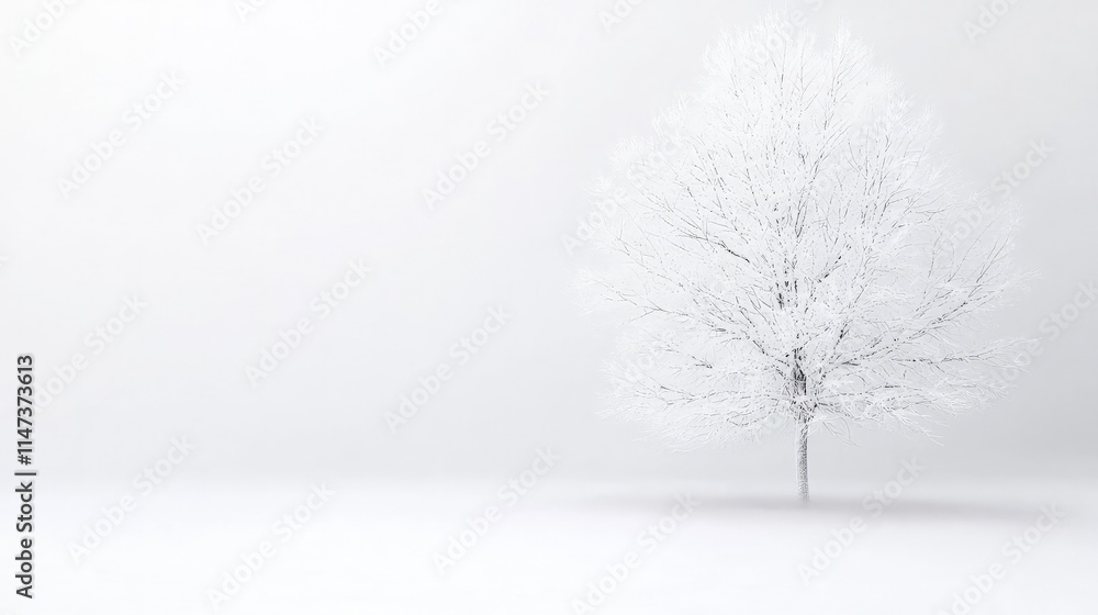 Fototapeta premium Minimalist white tree covered in winter frost stands in a serene, bright high-key landscape.