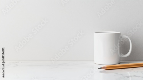 Morning coffee break with a white mug and pencil on a marble desk relaxing workspace minimalist view