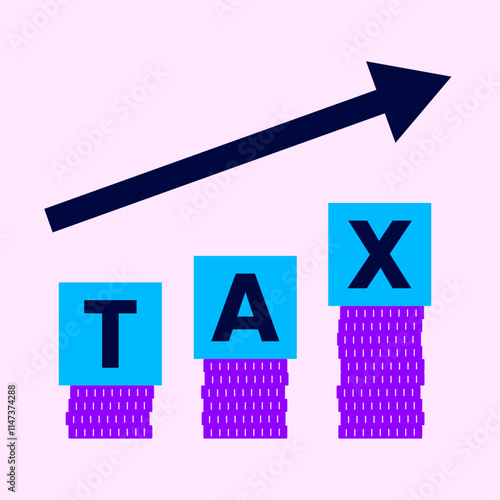 Illustration of a tax growth concept featuring an upward arrow, blue tax blocks, and stacks of purple coins symbolizing increasing financial obligations.