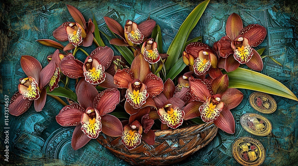 Naklejka premium cluster of orchids in a basket, overlaid with an image of transactions, representing their role in the floral market. | [Orchid]:[Economic plants] 