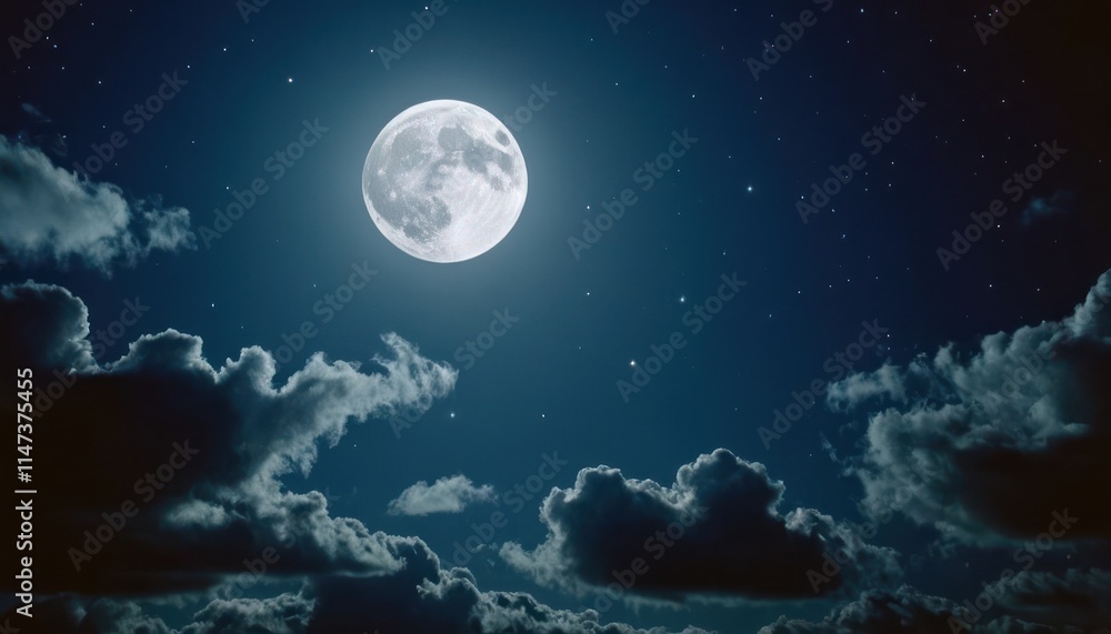 Full moon illuminating clouds and stars in bluish night sky Full moon illuminating clouds and stars in bluish night sky