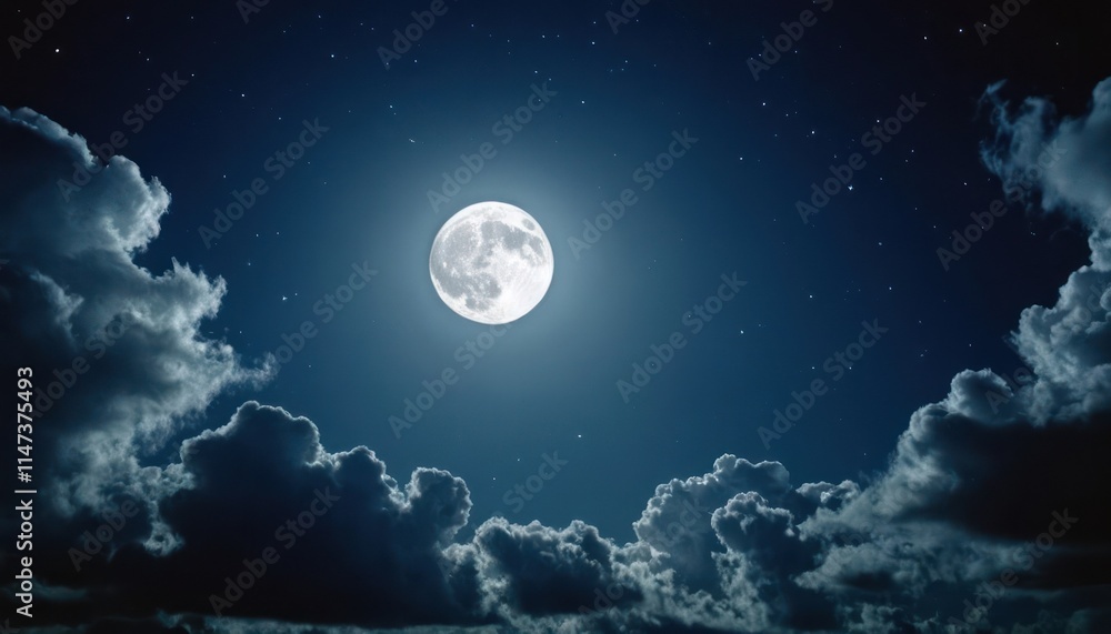 Full moon illuminating clouds and stars in bluish night sky Full moon illuminating clouds and stars in bluish night sky