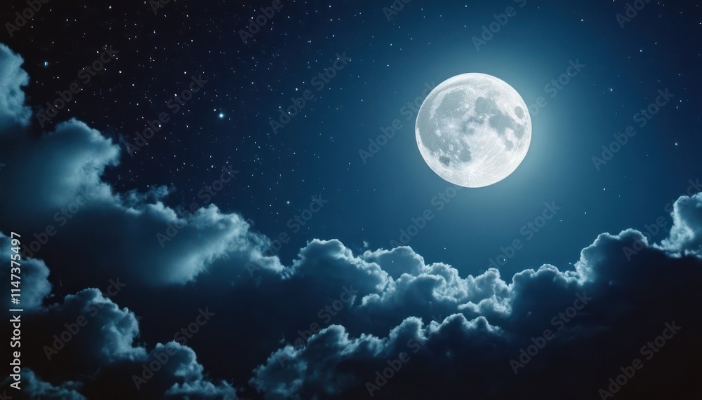 Fototapeta premium Full moon illuminating clouds and stars in bluish night sky