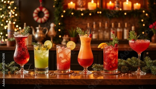 A festive cocktail assortment on a bar counter. Including red and green drinks with seasonal garnishes. Surrounded by twinkling fairy lights and Christmas-themed decor.