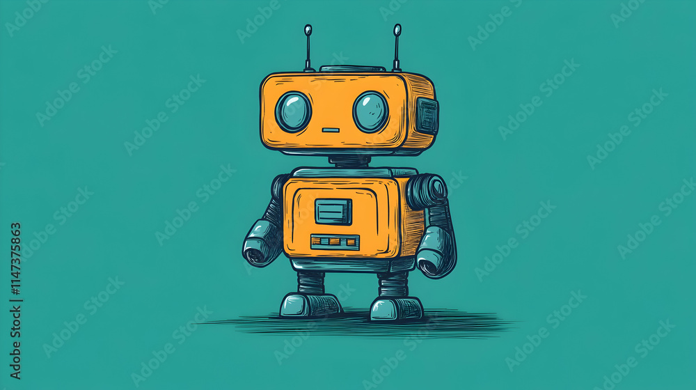 Robot Stands with Antennas and Eyes on Teal Background Robot Stands with Antennas and Eyes on Teal Background