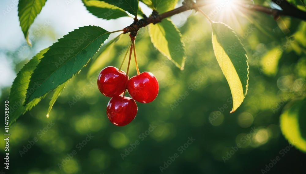 Obraz premium Ripe cherry on a green branch in sunlight