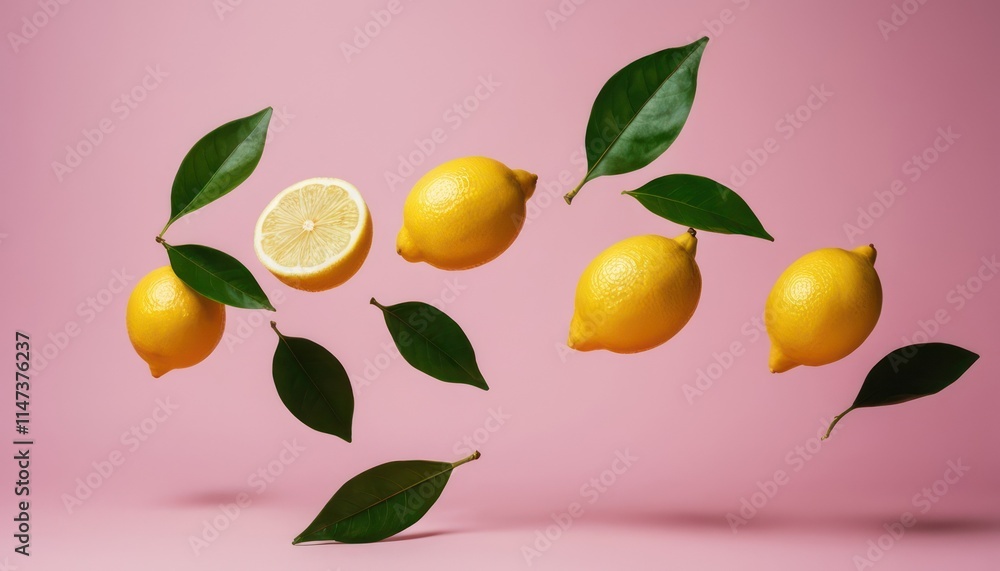 Obraz premium Lemon and leaves on Pink Background, Healthy fruit juice concept background