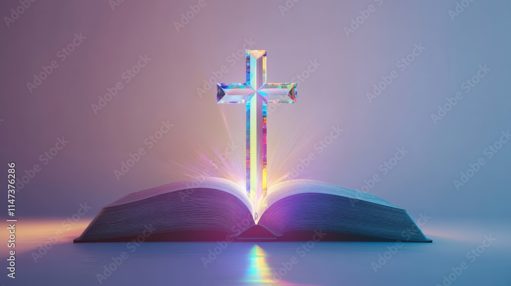 A luminous open book with glowing pages and a polished crystal cross standing behind it, refracting light into rainbow hues. A subtle soft shadow gives depth while the image is isolated on a pristine A luminous open book with glowing pages and a polished crystal cross standing behind it, refracting light into rainbow hues. A subtle soft shadow gives depth while the image is isolated on a pristine