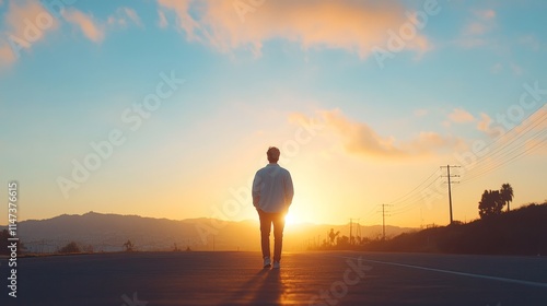 A man is standing on a road at sunset